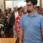 Los concejales de Guanyem, Juan José Hinojo, Gloria Corral y Joan Ribas, en su llegada al pleno.