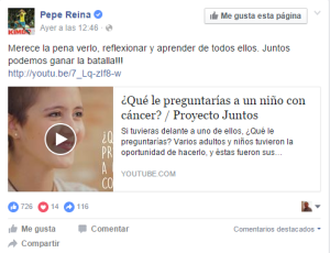 Post de Pepe Reina sobre el vídeo de la ONG Juntos '¿Qué le preguntarías a un niño con cáncer?'.
