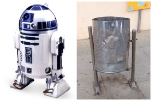 A la izquierda, el droide R2-D2 y a la derecha, la destartalada papelera que parece haber visto las estrellas en algún momento. 