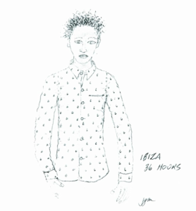 La camisa 'Ibiza 36 horas' no es más que una prenda de manga larga y con un estampado discreto. En la imagen, el boceto de puño y letra de Malkovich. 
