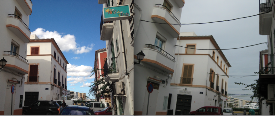 En la imagen, el antes y el después del soterrado del tendido eléctrico y telefónico en Vila.