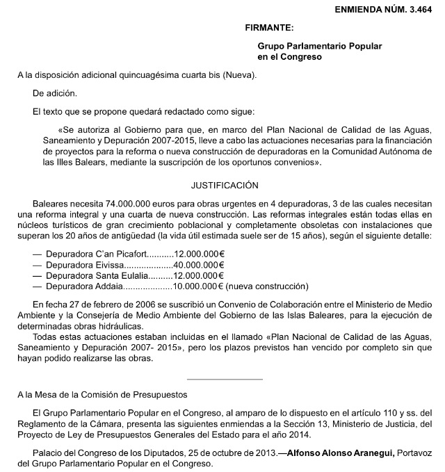 Text de l'esmena presentada pel PP sobre les depuradores de Balears.