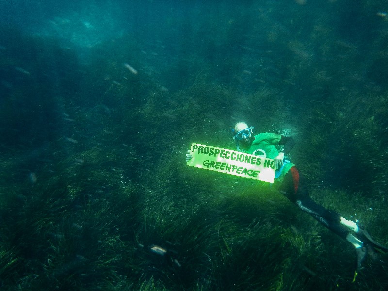 El mensaje 'Prospecciones No' ha llegado bajo las aguas del Parque Natural. Foto: Greenpeace España.