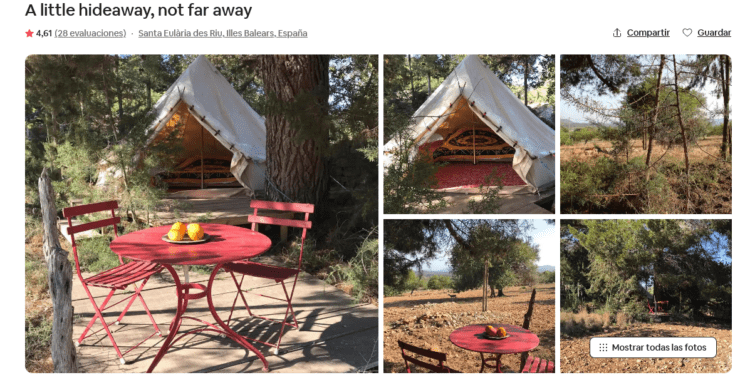 Tienda de campaña en la plataforma Airbnb en un anuncio antiguo.