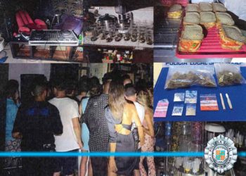 Montaje con varios detalles de la fiesta desalojada, en una. Policía Local de Sant Josep