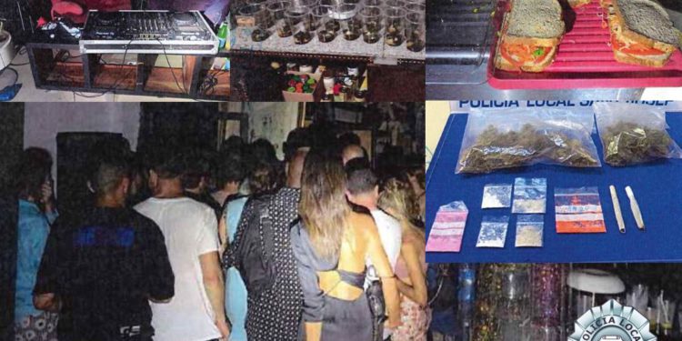 Montaje con varios detalles de la fiesta desalojada, en una. Policía Local de Sant Josep