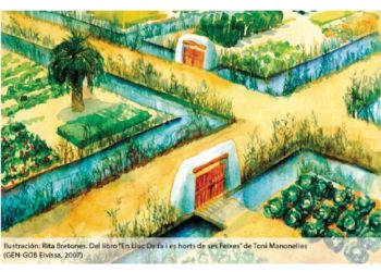 Ilustración de Rita Bretones para el libro 'En Lluc Daifa i es horts de ses Feixes' que recrea cómo eran estos espacios cuando se destinaban al cultivo. GEN-GOB