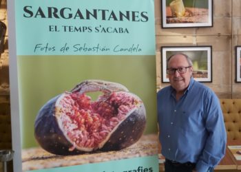 Sebastián Candela junto al cartel de la exposición en Ebusus 'Sargantanes. El temps s'acaba'.
