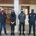 Imatge del nou agent covid, acompanyat de la presidenta del Consell, Ana Juan, el conseller d'Interior, Josep Marí, i el cap de Policia Local, Félix Ramos. Consell de Formentera.