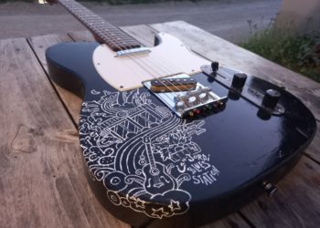 La llamada 'guitarra Frankestein' hecha a partir de otras guitarras con piezas donadas por músicos y decorada por Raúl Moya.