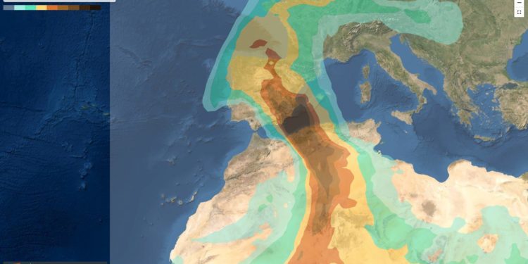 Evolución del polvo sobre la península y las islas en una imagen de la Aemet
