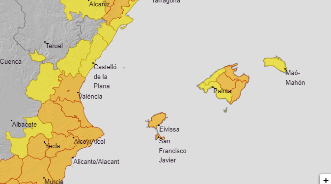 Mapa de avisos para este sábado 13 de agosto. Aemet