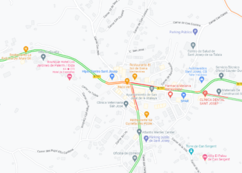 Las zonas en rojo y naranja muestran los tramos donde el tráfico es lento y con frecuentes retenciones en el centro de Sant Josep