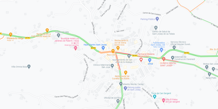 Las zonas en rojo y naranja muestran los tramos donde el tráfico es lento y con frecuentes retenciones en el centro de Sant Josep