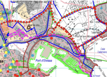 Imagen de un plano del  PTI en el cual se observa que se establece como “red viaria “red viaria
propuesta” tanto la carretera de Talamanca como el camí de l’Horta (en línea roja discontinua)
propuesta” tanto la carretera de Talamanca como el camí de l’Horta que nombra