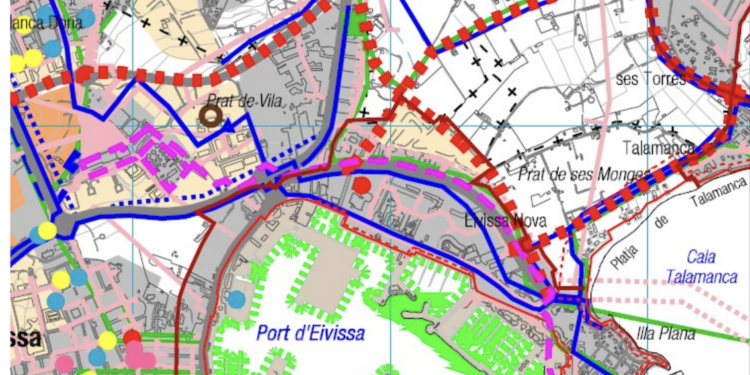 Imagen de un plano del  PTI en el cual se observa que se establece como “red viaria “red viaria
propuesta” tanto la carretera de Talamanca como el camí de l’Horta (en línea roja discontinua)
propuesta” tanto la carretera de Talamanca como el camí de l’Horta que nombra