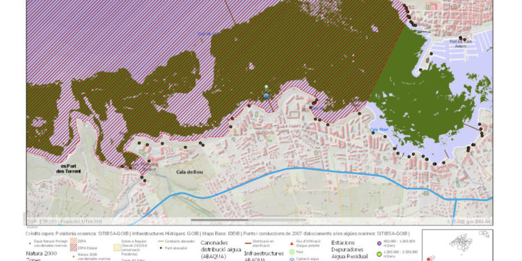 Mapa de la zona donde se ha producido el vertido. Imagen facilitada por Salvem sa Badia el 5 de octubre.