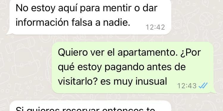 Conversación real de Whastapp con una persona que buscaba piso y a la que le piden dinero por adelantando, incluso antes de ver el apartamento en Ibiza