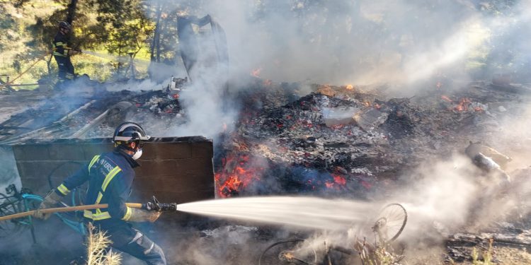 Los bomberos intervienen esta mañana en un incendio de una caseta en mitad de una zona boscosa. Imágenes cedidas por los Bomberos del Parque Insular de Ibiza.