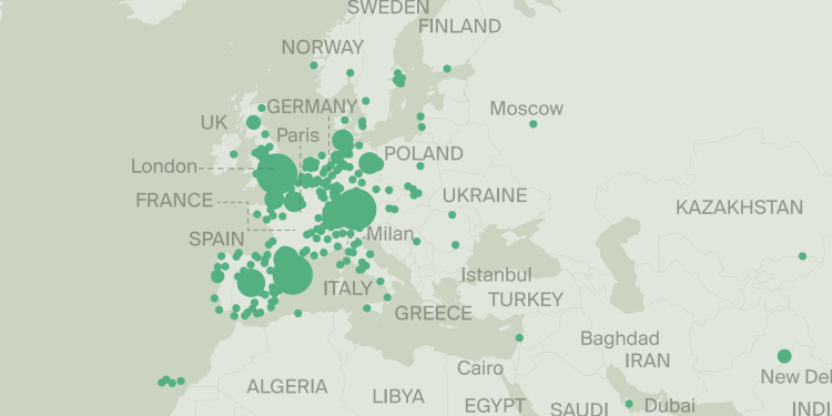 Detalle del mapa del informe de Knight Frank Research que muestra una concentración de puntos verdes en el norte de Europa. Es el origen de las personas con propiedades en Ibiza por valor de más de 2 millones de euros. Imagen y fuente Knight Frank Research