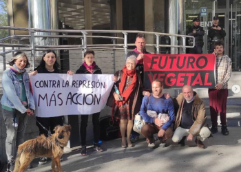 Karen Kileen, en el centro, con pañuelo rojo, esta mañana frente a los juzgados donde ha declarado.