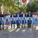 Todos los candidatos y la candidata del PP a las elecciones en Ibiza posan con los carteles en el arranque de la campaña electoral.
