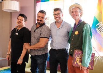 Presentación deICONOS en el Hotel Purple de  Sant Antoni con Antonio Balibrea, director de Ibiza Pride y Miquel Tur, concejal de Turismo del Ayuntamiento de Sant Antoni, acompañados por Gianluca Melisse, director de Purple Hotel y Rafarelius, auntor del libro ilustrado Manuela. Foto Sergio g. Cañizares