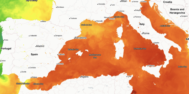 Mapa de temperatura del agua del mar el miércoles 12 de julio. Mapa de Tutiempo.net