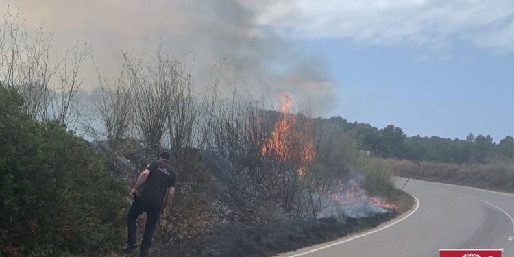 Los bomberos, durante las labores de extinción. Foto: @bombersdeivissa