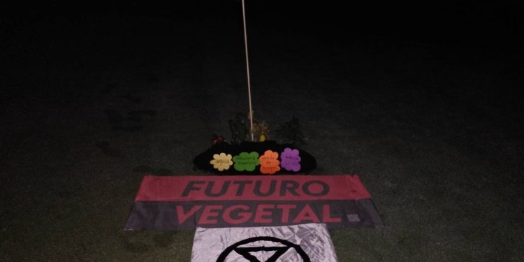 Imagen del hoyo tapado en la acción de los activistas climáticos.