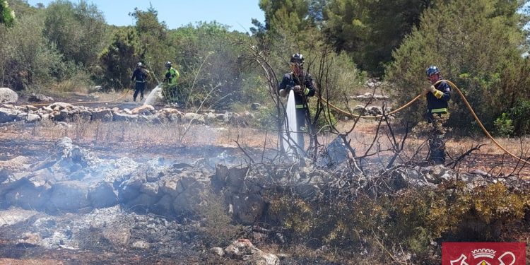 Los bomberos trabajan en la extinción del incendio de vegetación en Sant Mateu. Foto: Bombers d'Eivissa