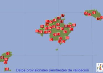 Temperaturas máximas registradas hoy miércoles. Foto: Aemet