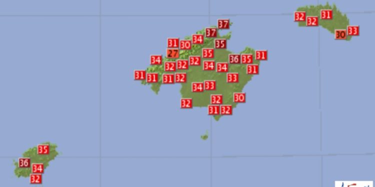 Temperaturas máximas registradas hoy miércoles. Foto: Aemet