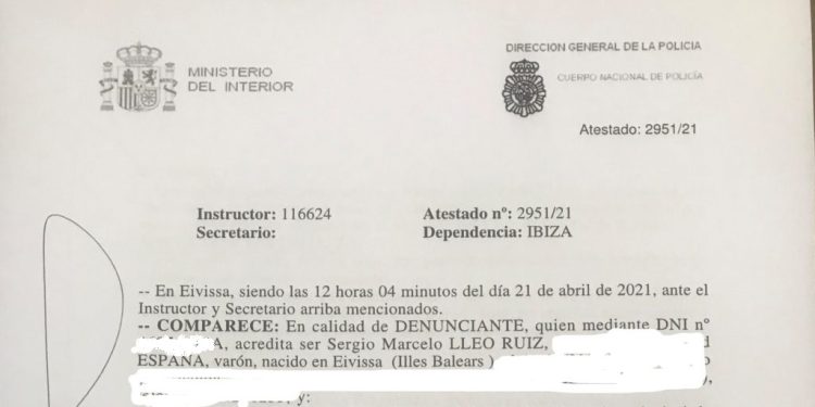 Copìa de la denuncia interpuesta por Sergio Lleó el 21 de abril de 2021.