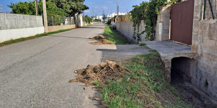 Restes de vegetació i altres materials a la calçada, al costat de la sèquia. Fotos: Grup municipal Socialista de Santa Eulària