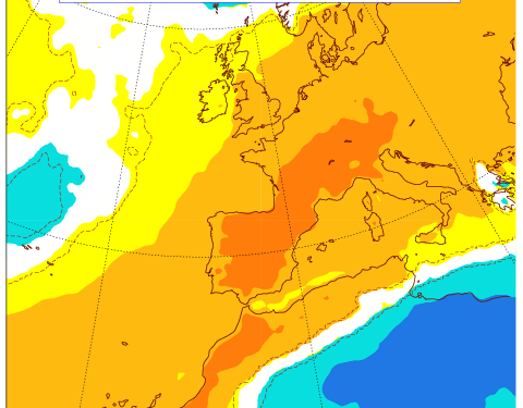 Los colores anaranjados indican altas temperaturas. Mapa de previsión del 2 de octubre