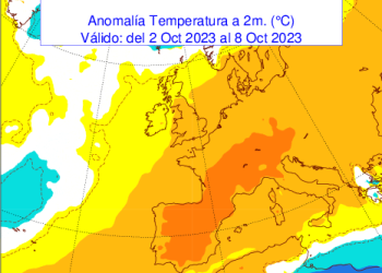 Los colores anaranjados indican altas temperaturas. Mapa de previsión del 2 de octubre