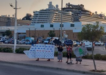 Los activistas junto a los tres cruceros, en el atardecer de ayer.