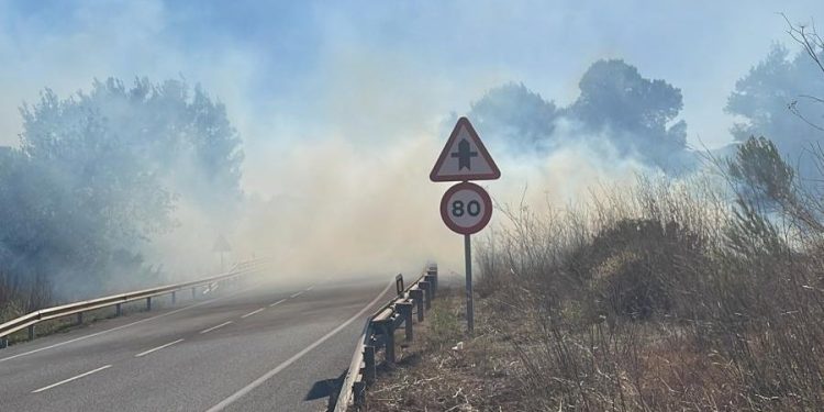 El humo resta visibilidad a la carretera. Fotos Bomberos de Ibiza