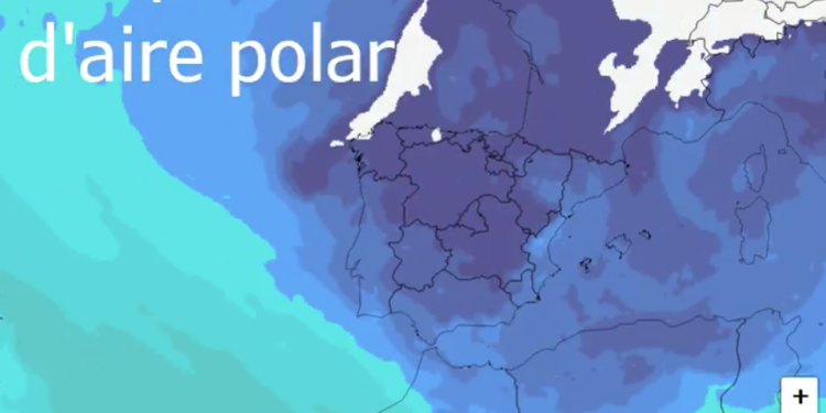 Imagen de la Aemet me muestra la irrupción prevista de aire polar en tonos azules y blancos