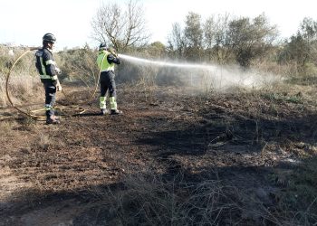 Los bomberos refrescan la zona quemada. Foto: Bombers d'Eivissa