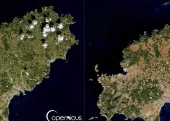 A la izquierda de la imagen, Ibiza el 1 de febrero de 2023, verde, y muy seca en la comparativa con la fotografía de la derecha del 1 de febrero de este 2024 tomada por el satélite Sentinel 2 de la Agencia Espacial Europea. Instituto Geográfico Nacional