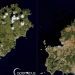 A la izquierda de la imagen, Ibiza el 1 de febrero de 2023, verde, y muy seca en la comparativa con la fotografía de la derecha del 1 de febrero de este 2024 tomada por el satélite Sentinel 2 de la Agencia Espacial Europea. Instituto Geográfico Nacional