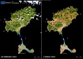 Imagen de satélite que compara las islas en 2023 y 2024, en dos imágenes tomadas con pocos días de diferencia en los dos años. Servicio de Cambio Climático de Copernicus