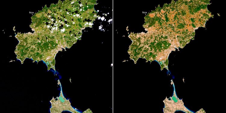 Imagen de satélite que compara las islas en 2023 y 2024, en dos imágenes tomadas con pocos días de diferencia en los dos años. Servicio de Cambio Climático de Copernicus
