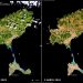 Imagen de satélite que compara las islas en 2023 y 2024, en dos imágenes tomadas con pocos días de diferencia en los dos años. Servicio de Cambio Climático de Copernicus