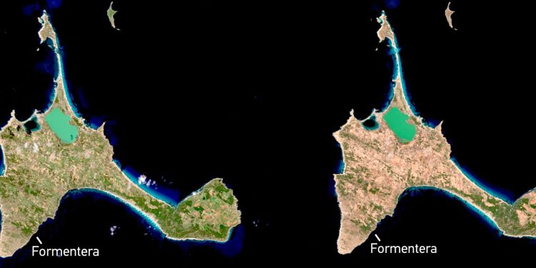 Clicka sobre la imagen para verla completa. A la izquierda, hace un año y a la derecha el pasado 2 de marzo. Sentinel2