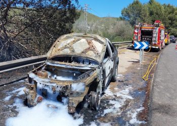 El todoterreno, calcinado, que ha provocado el incendio, en esta imagen de Bomberos de Ibiza