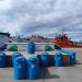Papeleras hechas de materiales reciclados que la APB ha instalado en el puerto de Ibiza.
