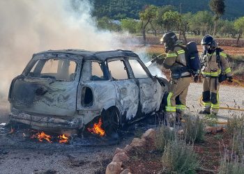 Los bomberos apagan el fuego. Fotos: Bombers d'Eivissa